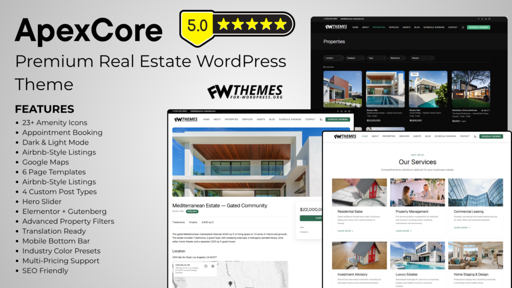 ApexCore Premium Real Estate WordPress Theme